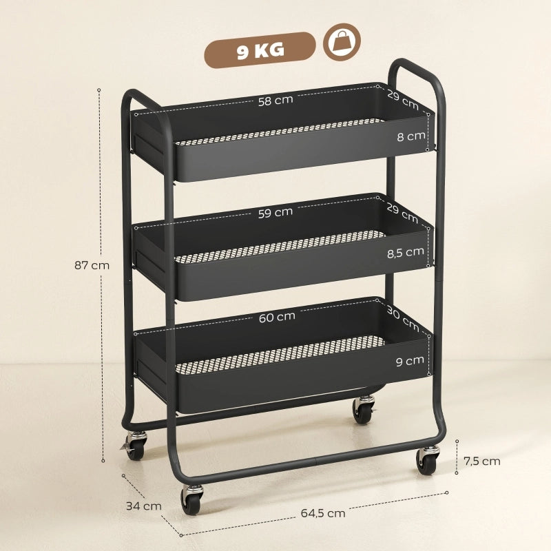 CARRELLO DA CUCINA 3 CESTI 64,5x34x87 cm METALLO NERO