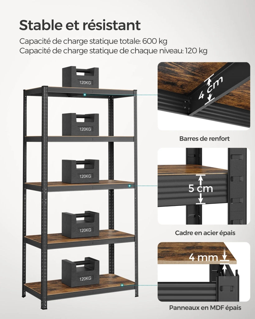 Scaffalatura metallica per carichi pesanti 200 x 100 x 50 cm 5 ripiani portata totale 875 kg (175 kg/ripiano) ripiani regolabili per garage/cantina nero 12_0005596