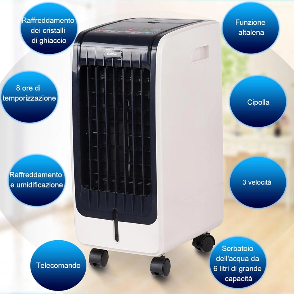 Condizionatore Climatizzatore Portatile Raffrescatore Evaporativo, con Telecomando, Funzione Raffreddatore e Umidificatore, Serbatoio Acqua 6L, 230V