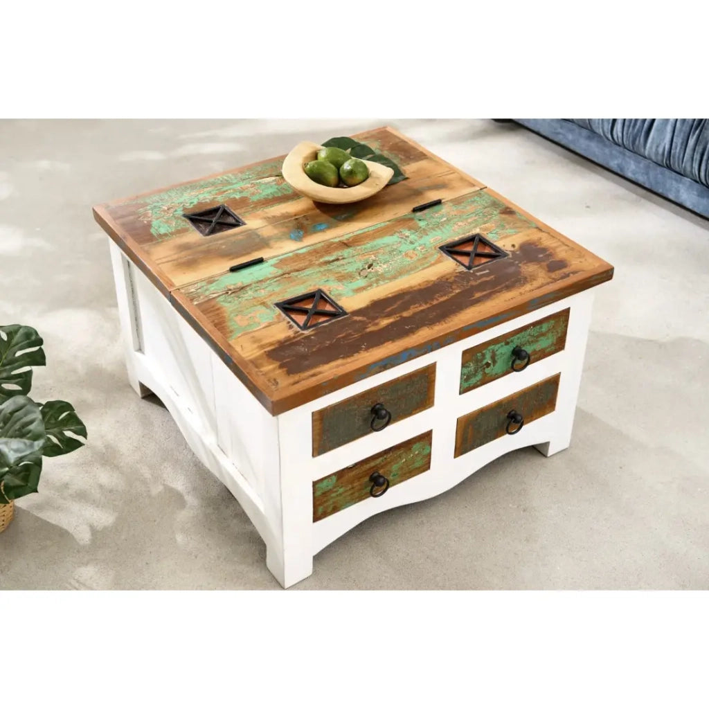 Tavolino basso PATCHWOOD quadrato 70 cm legno multicolore e bianco con cassetti e baule