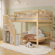 Letto singolo rialzato 140x200 cm in legno naturale con scala contenitore e sponda alta