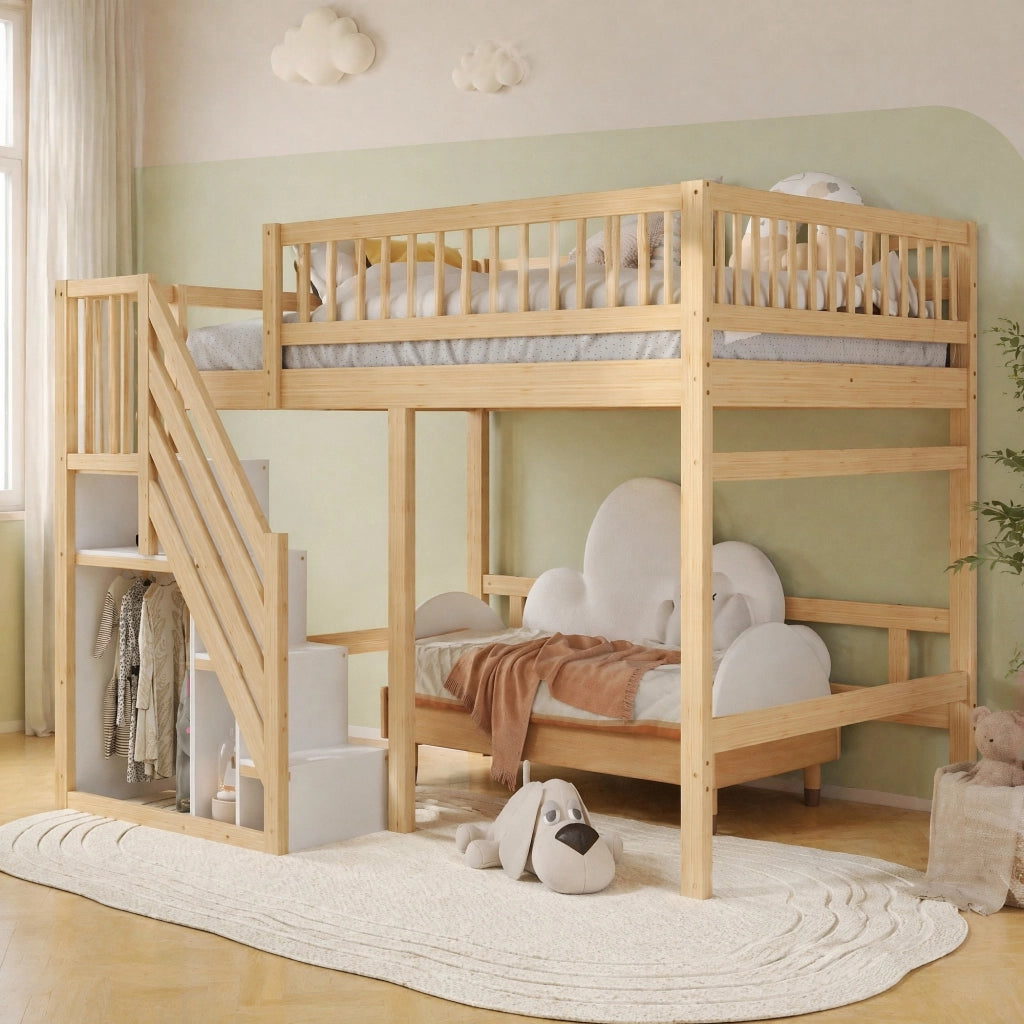 Letto singolo rialzato 140x200 cm in legno naturale con scala contenitore e sponda alta