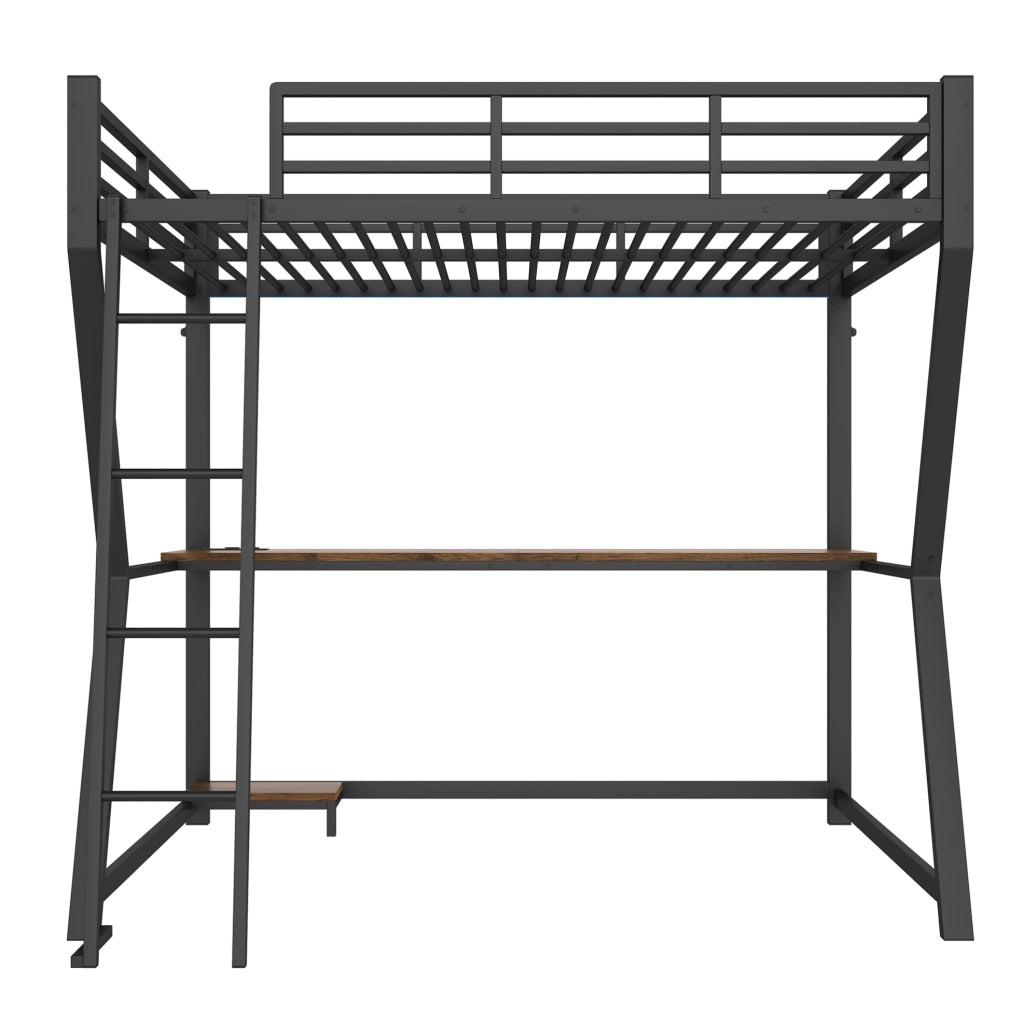 Letto a soppalco 140x200 cm nero con scrivania, LED e USB, senza materasso