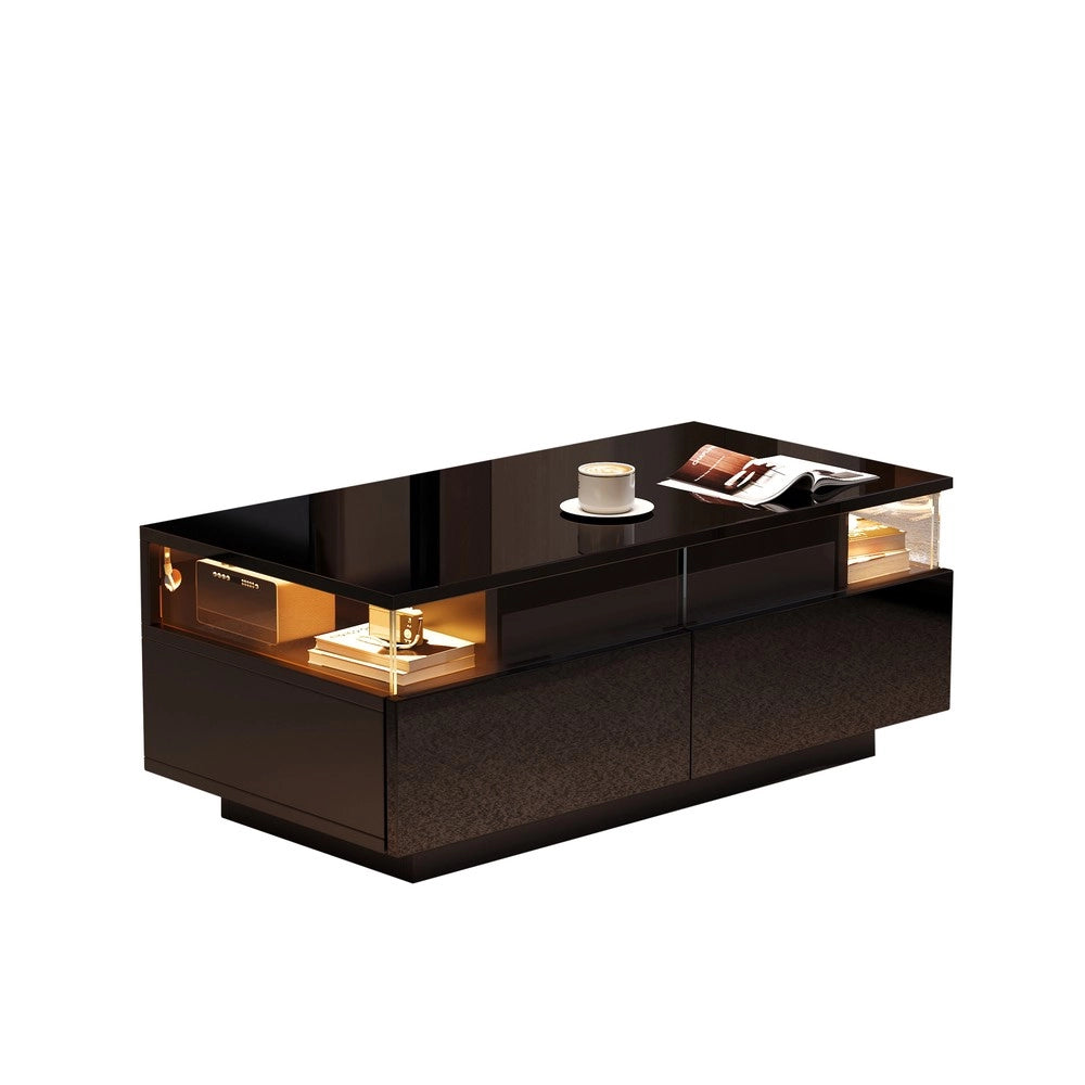 Tavolino da Caff¨¨ con LED e Cassetti ¨C MINIMAL ¨C Vetro Temperato, Nero, 90x45x35.5 cm