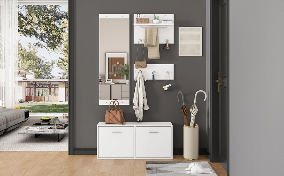 Set da ingresso 4 pezzi con 2 appendiabiti a parete; scarpiera e specchio; truciolato; bianco; 90x30x41;5 cm
