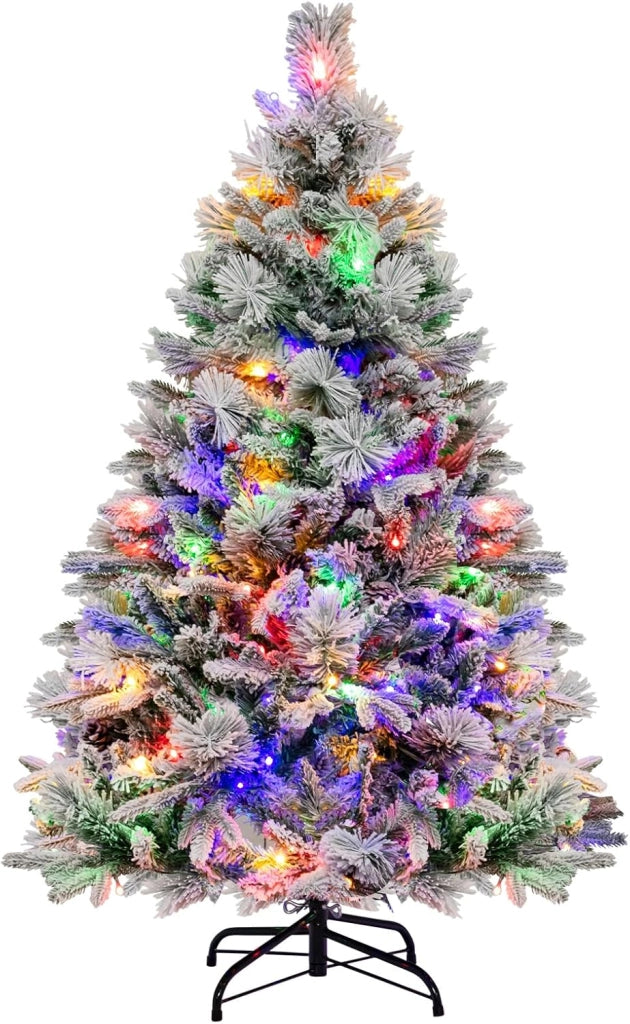 Albero di Natale Innevato 136/180/210 cm, Albero di Natale con 160/240/320 Luci LED, 472/850/1270 Rami di PE e PVC, 26/34/40 Pigne, Aghi di Pino e 8 Modalità di Illuminazione (136 CM)