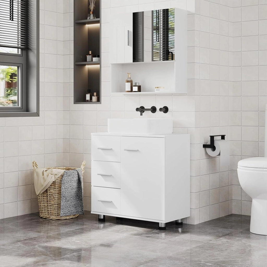 Mobile da Bagno Sottolavello, Mobile con 3 Cassetti e 2 Livelli, per Lavabo da Bagno Bianco, Legno Ingegnerizzato, con Ritaglio Per Sifone D17,5xL10 cm