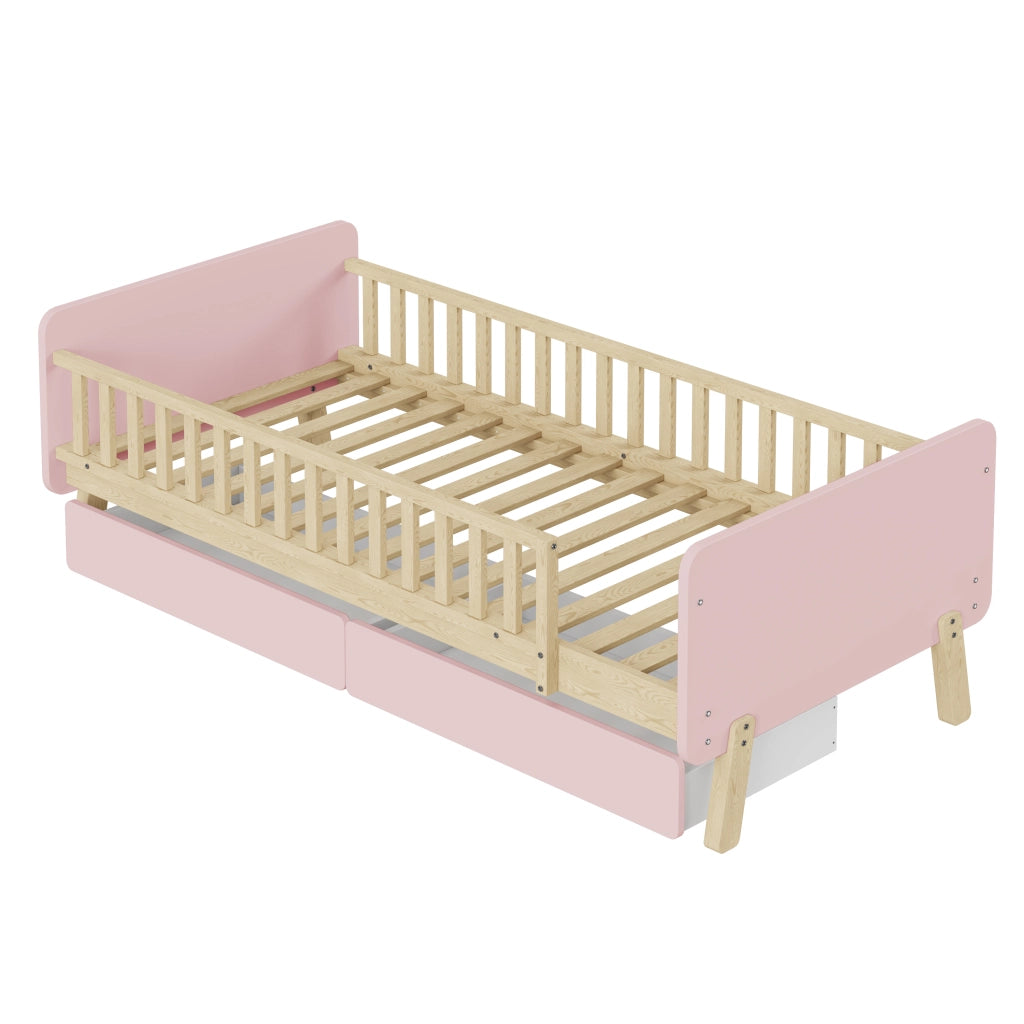 Letto Singolo con 2 Cassetti ¨C MINIMAL ¨C Massello Rosa 90x190 con Doghe