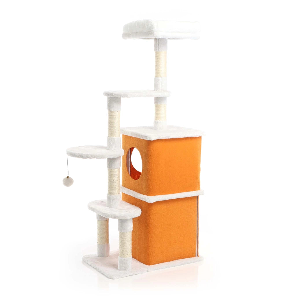 Fudajo Albero tiragraffi per gatti 125cm bianco/marrone con sisal e cuccette
