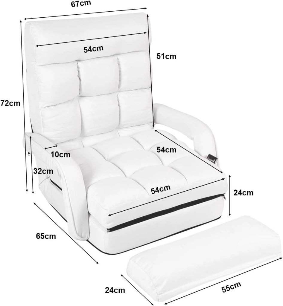 Poltrona Pieghevole da Relax, Schienale Reclinabile a 5 Livelli, Cuscini Imbottiti, Multiuso e Regolabile, Portata di 120 kg, per Ufficio/Soggiorno/Studio, 67x65x72 cm, Bianco