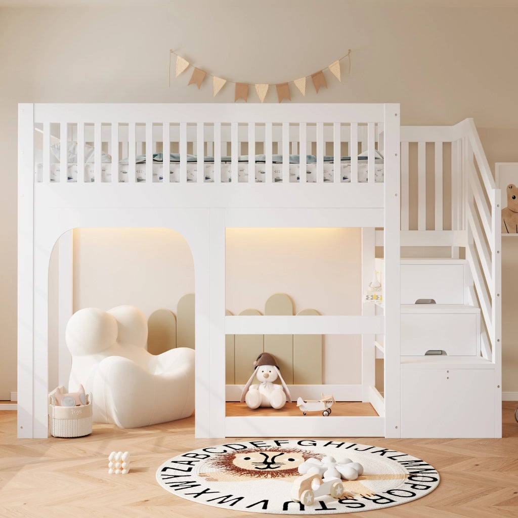 Letto a soppalco a casetta 90x200 cm con porta; finestra; scala contenitore; area gioco; LED e rete; legno bianco
