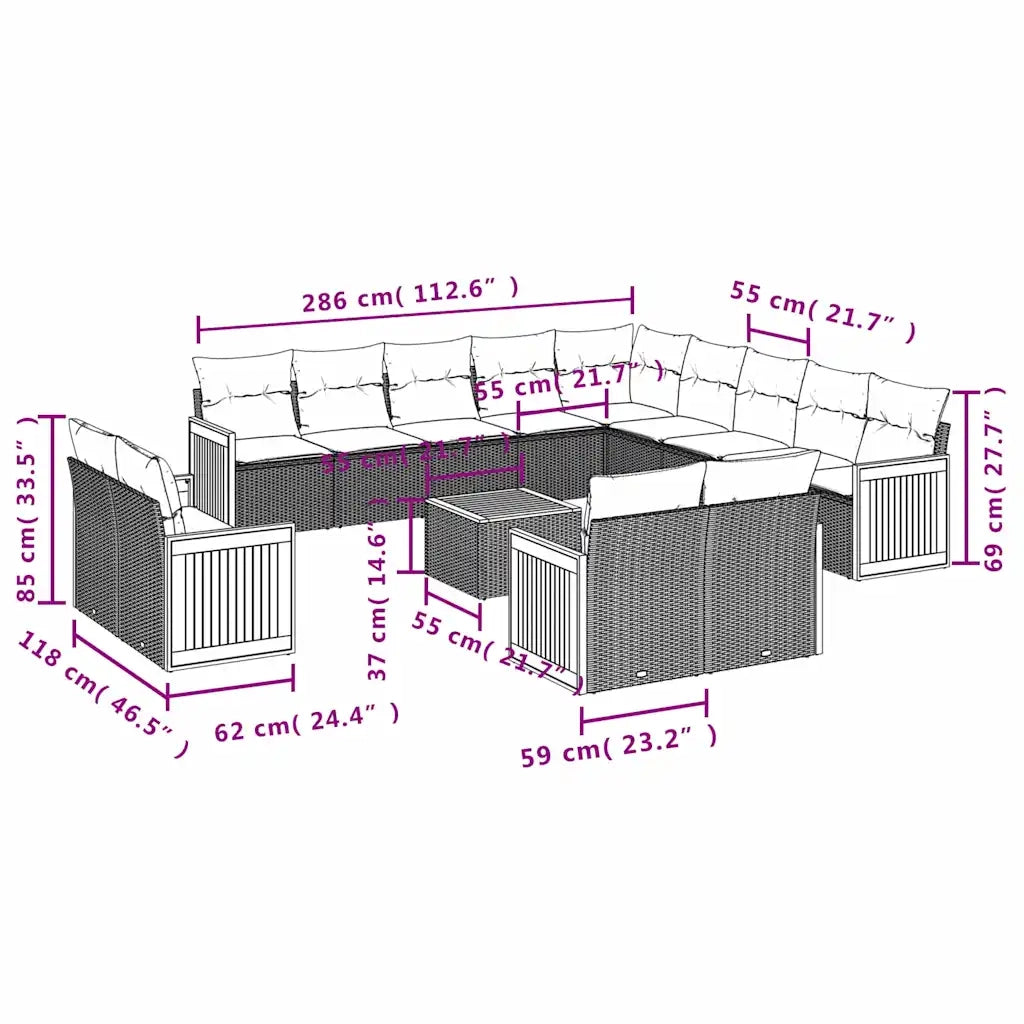 Set Divani da Giardino 14 pz con Cuscini Nero in Polyrattan 3228213