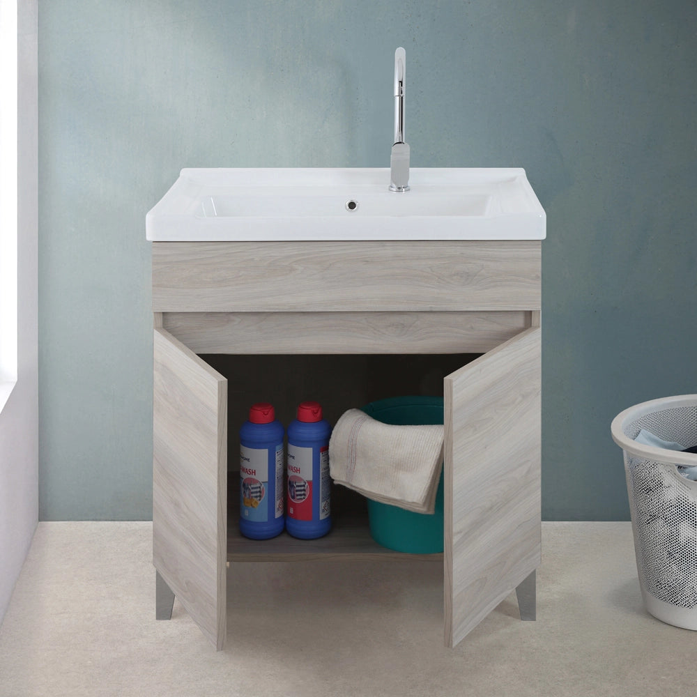 Mobile lavatoio 79x46,8 cm rovere grigio con vasca in ceramica bianca