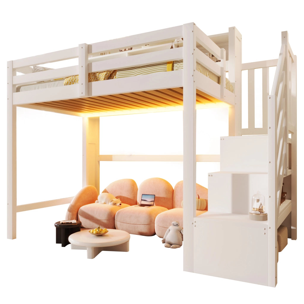 LETTO A CASTELLO ALTO 90x200 cm con LED, pino e MDF bianco