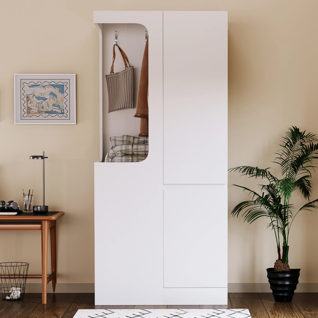 Armadio singolo 70×40×170 cm con 4 cassetti e vano appendiabiti aperto; legno; bianco