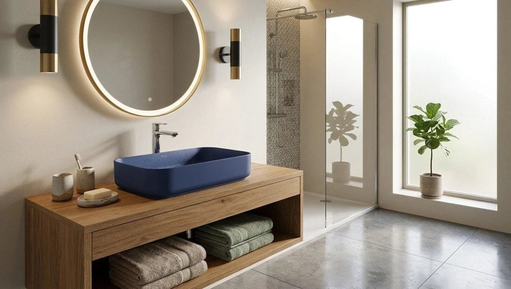 Lavabo rettangolare da appoggio senza troppo pieno in ceramica senza foro rubinetto - Blu Opaco