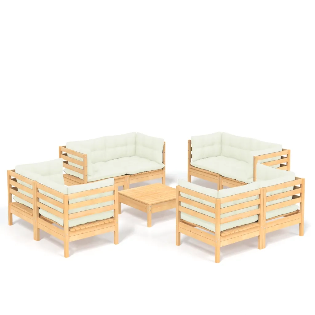 Set Salotto da Giardino 9 pz con Cuscini Crema in Legno di Pino 3096064