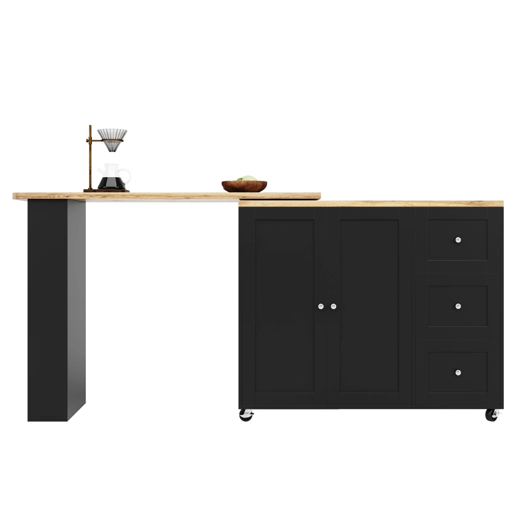 Carrello da Cucina con 3 Cassetti; 2 Ante e 3 Ripiani; Girevole a 360° con Ruote; Nero