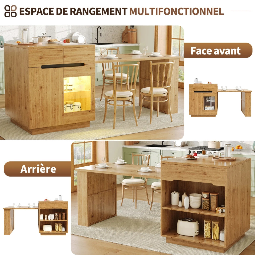 Isola da cucina con tavolo estraibile, mobile multifunzione con illuminazione LED (controllo app), finitura rovere, spazio contenitore, cassetti, porta in vetro