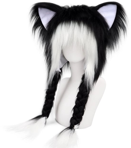 Cappuccio peloso per animali – Fursuit orecchie pelose di gatto – Cappello con cappuccio – Cappotta calda per inverno – Adatto per Halloween, costume da festa e accessori cosplay