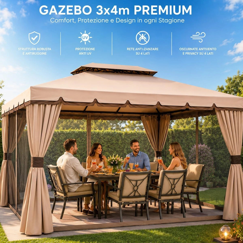 Gazebo Royal 3X4 Metri In Alluminio Impermeabile Zanzariera Antipioggia Moka