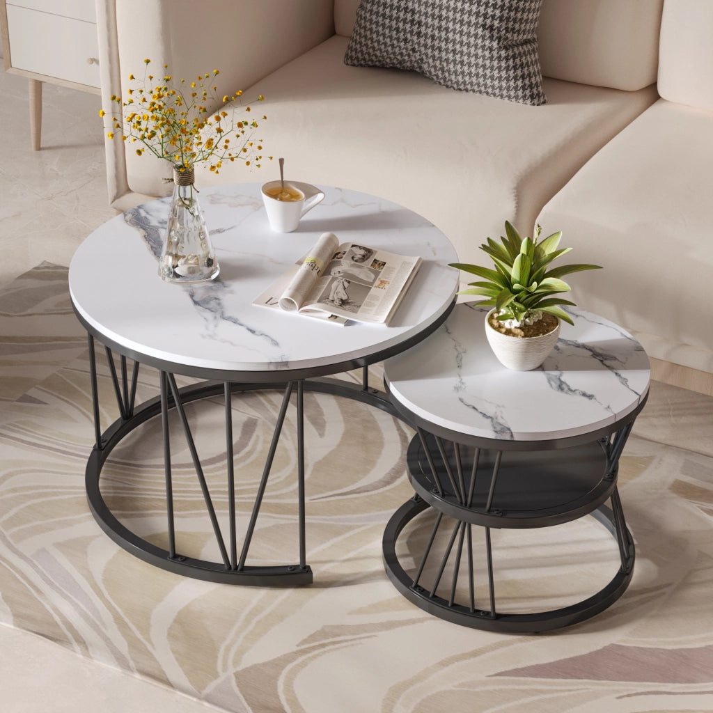 Tavolino da salotto rotondo 70x70x45 cm; set 2 pezzi sovrapponibile; tavolino salotto moderno con struttura in metallo nero e piano effetto marmo nero