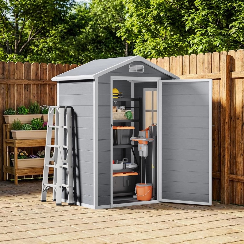 Casetta da Giardino in Resina, Capanno Porta Attrezzi Intemperie con Finestra e Ventilazione, Box Stoccaggio con Serratura per Attrezzi da Giardino, 122 x 92 x 187 cm (Grigio)