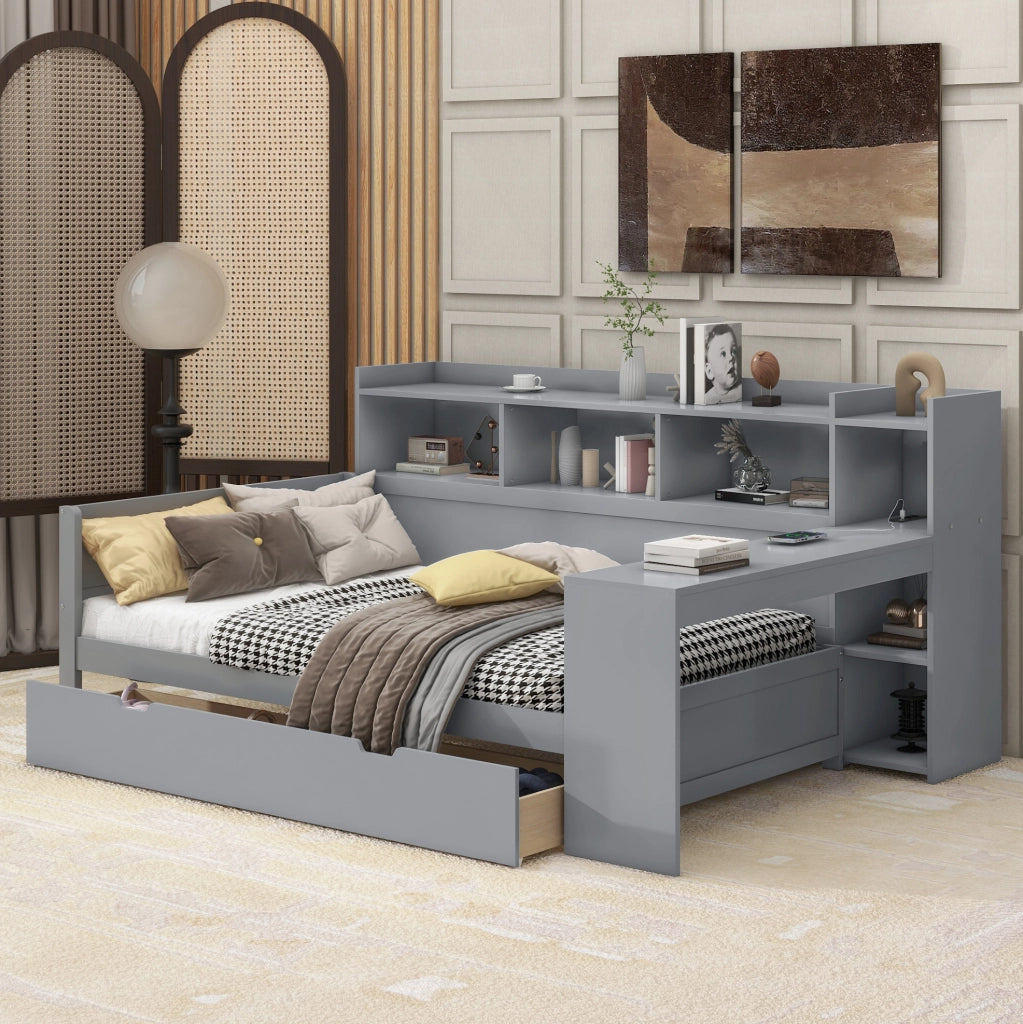 Letto 90x200 cm con scrivania, USB, presa e 2 cassetti grigio