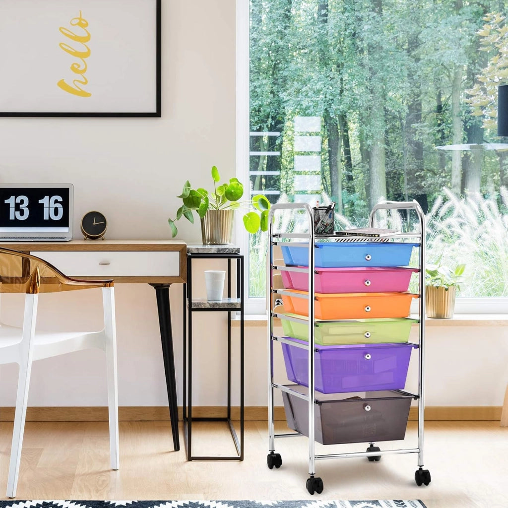 Carrello con 6 Cassetti, Portaoggetti Multistrato, Carrello da Stoccaggio a 6 Ripiani, Contenitore con Ruote, Scaffale Mobile Salvaspazio, 32x37x74 cm, Colorato