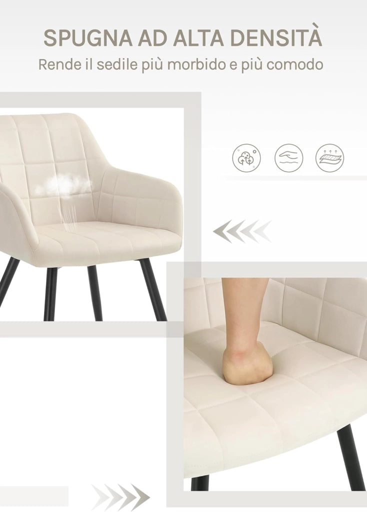 Sedia per Sala da Pranzo Imbottita, Poltroncina in Velluto,Sedia da Cucina con Braccioli e Schienale, Gambe in Metallo, moderne,Crema, BH93cm-1