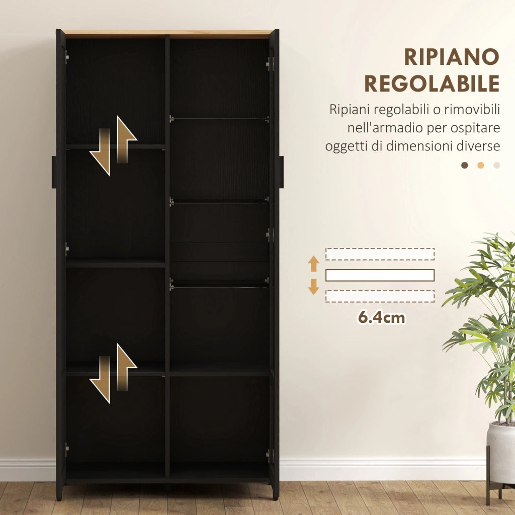 Credenza Stile Moderno Mobile Alto a 9 Ripiani Regolabili con Ante in Vetro 76x36x160 cm Nero e color Legno