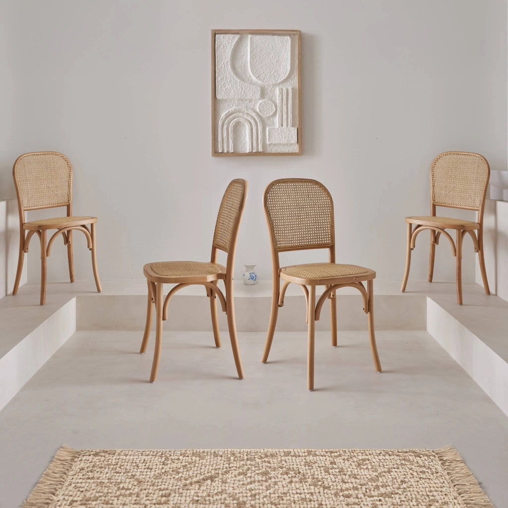 Set di 4 sedie in legno e rattan vintage , marrone naturale