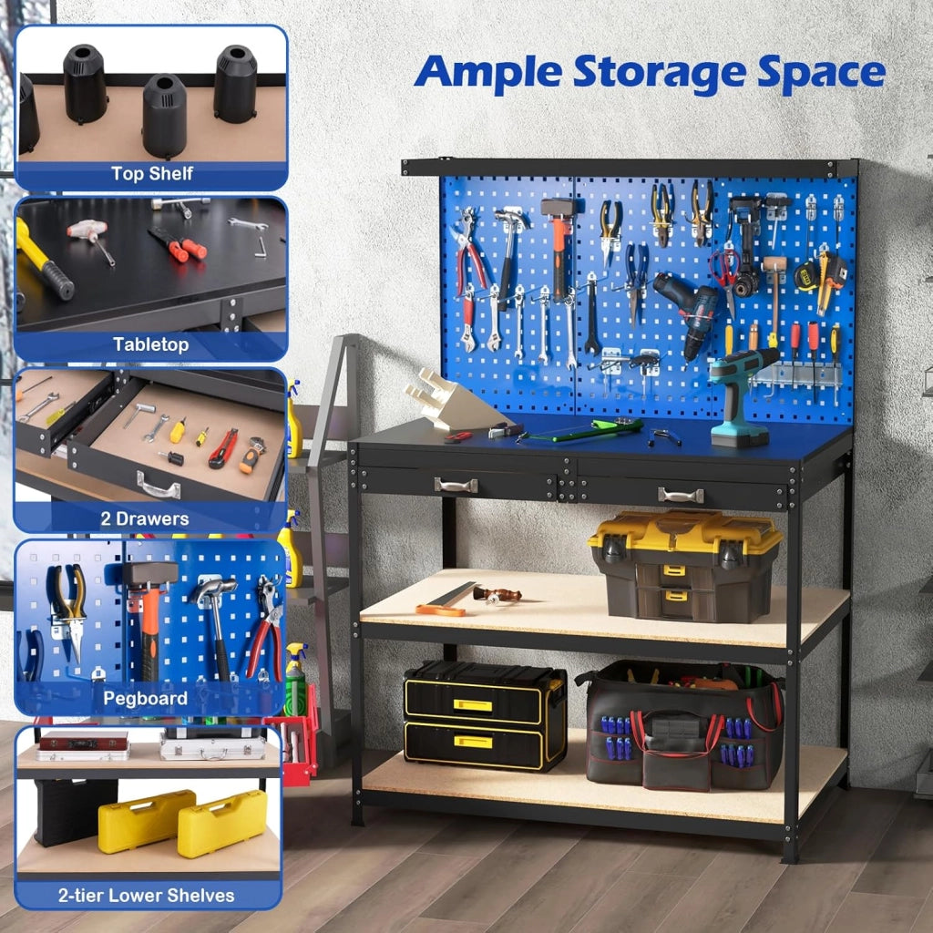 Banco da Lavoro, Organizer per Attrezzi in Metallo con 3 Pannelli Perforati con Kit di 24 Ganci, 2 Cassetti e 2 Ripiani, Banchi da Lavoro per Officina, Garage (Blu, 121 X 61 X 156 CM)