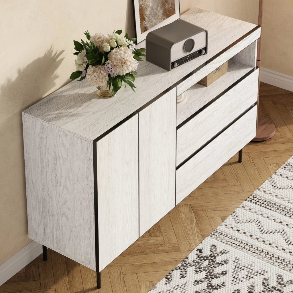 Credenza ULEVR 140x42x77 cm con ante senza maniglie, cassetti e ripiani aperti, bianca
