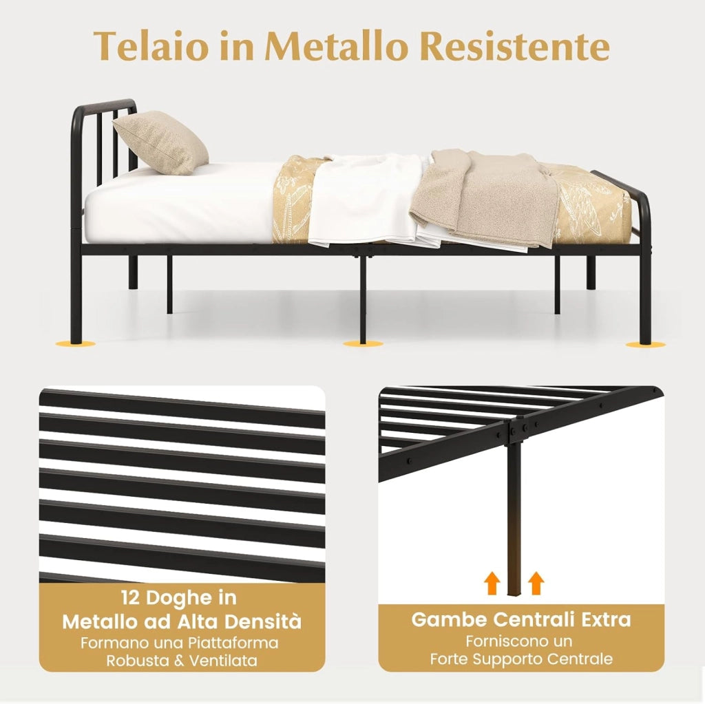 Struttura per Letto Matrimoniale, Letto Piattaforma in Metallo Moderno con Testiera e Pediera, 12 Doghe Metalliche, Silenziosa, Carico 300 kg (Stile 2 190x140cm)