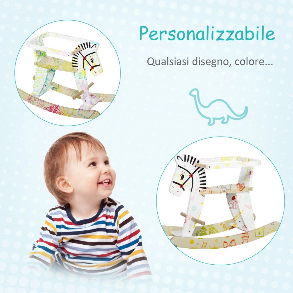 EasyComfort Cavallo a Dondolo Classico in Legno per Bambini 1-3 Anni con Bordo, Maniglie e Poggiapiedi, 68x26.5x48cm, Bianco