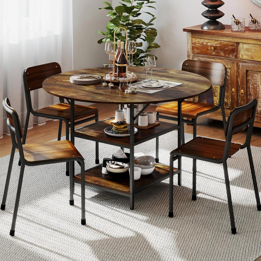 Tavolo da Pranzo Rotondo 120 cm per 4-6 Persone, Tavolo da Cucina Rustico con Ripiano Aperto a 2 Livelli e Struttura in Metallo, Tavolino in Legno per Sala da Pranzo (Marrone)