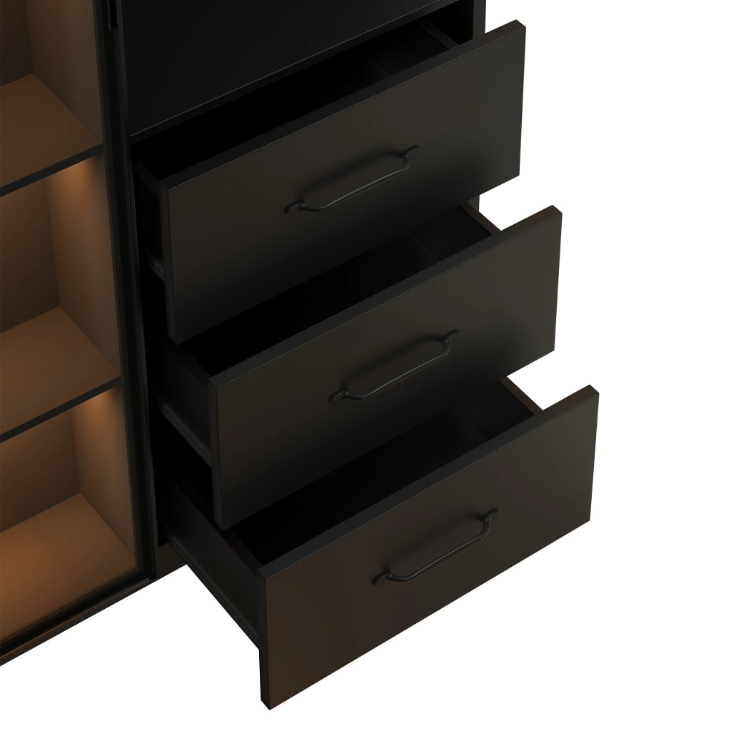 Libreria vetrina con LED e 3 cassetti, con 3 vani aperti e porta in vetro temperato, nero, 80 × 40 × 160 cm