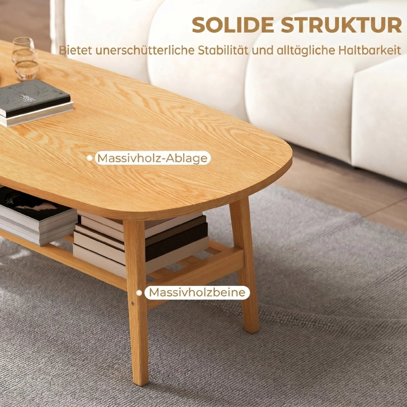 Tavolino basso ovale con ripiano inferiore, per soggiorno e uso quotidiano, 120 × 60 × 42 cm, effetto legno naturale
