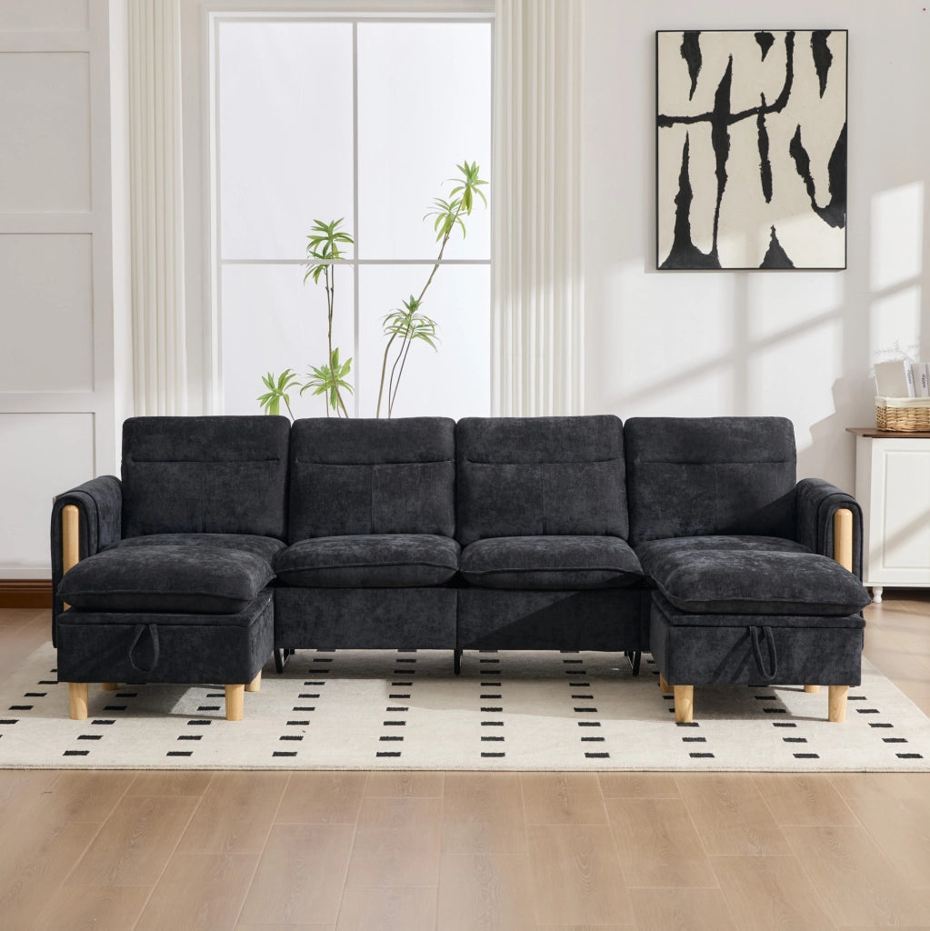 Divano modulare ad angolo a U 4 posti in tessuto Chenille nero con 2 pouf contenitori e gambe in legno