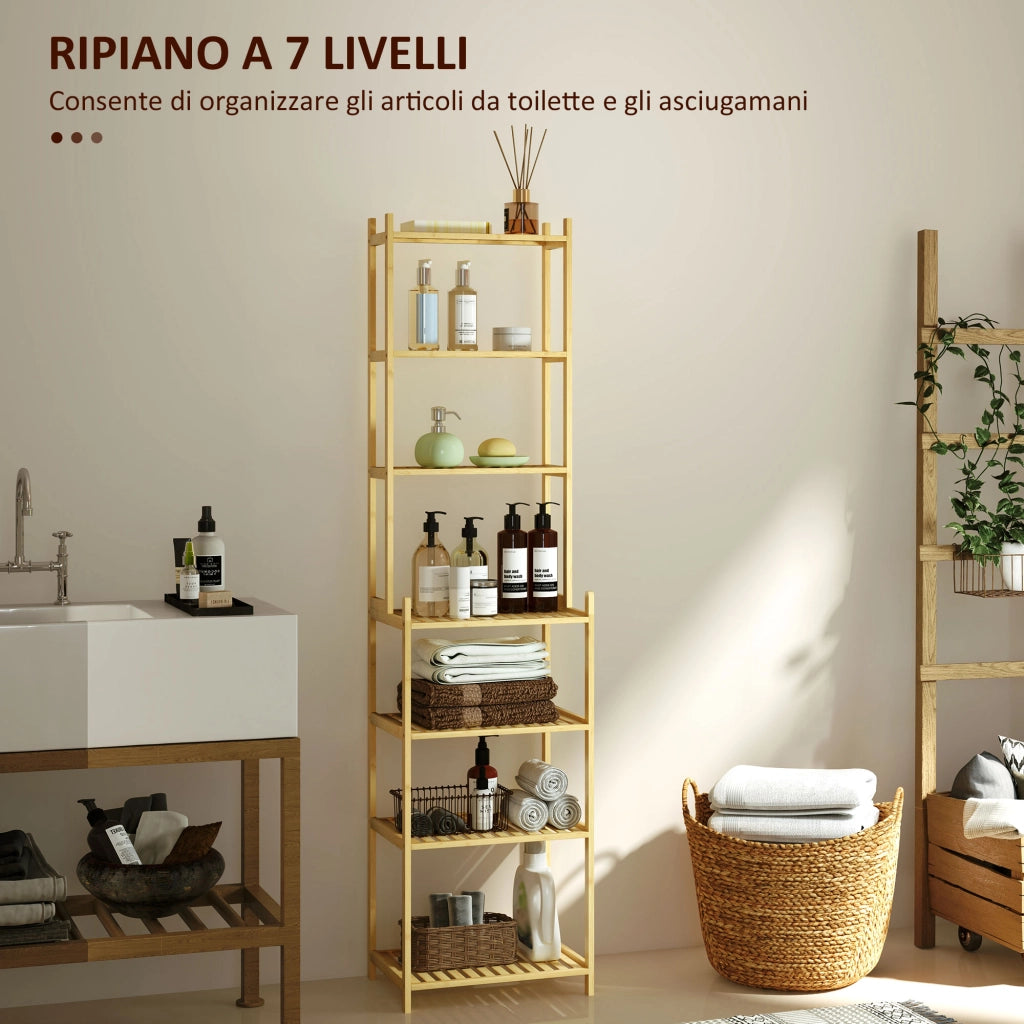 Mobile Scaffale Bagno a 7 Ripiani Portaoggetti in Bamb¨´, 44x33x180 cm, Color Legno