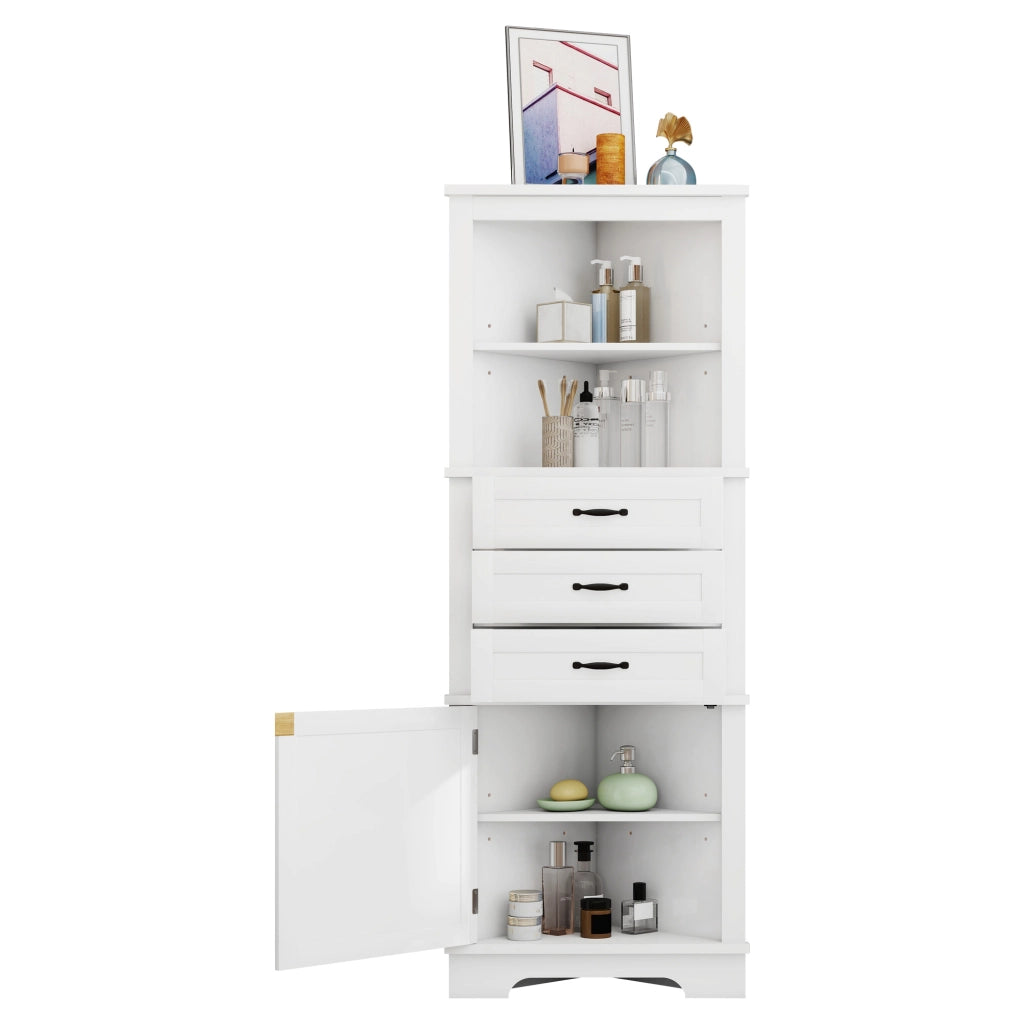 Mobile angolare da bagno 57,7¡Á46¡Á167,5 cm, con 3 cassetti, 1 anta e ripiani regolabili, bianco