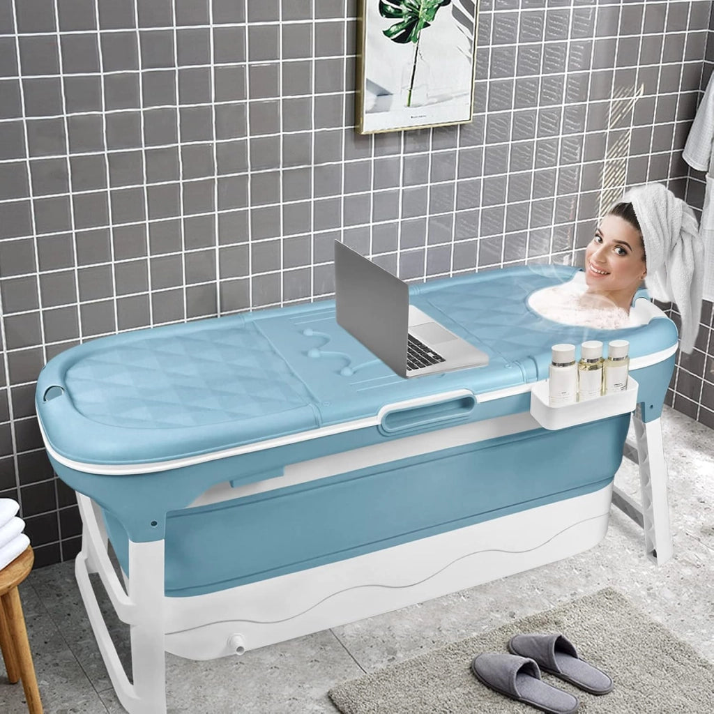 Vasca da bagno pieghevole per adulti, 128 x 60 x 53 cm, con copertura e cestino, mobile pieghevole, autoportante per bagno, doccia e balcone, blu