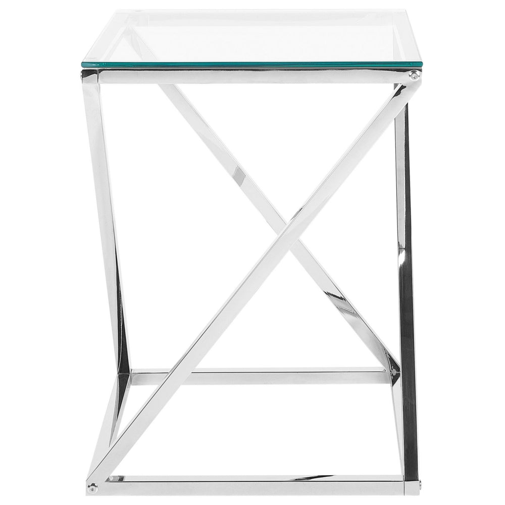 Tavolino Argento Struttura In Acciaio Vetro Piano Quadrato Geometrico Glam Design