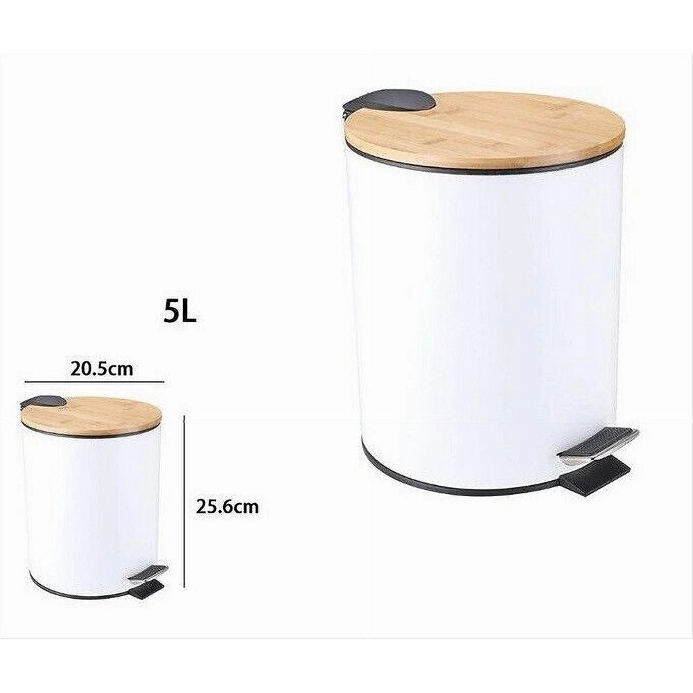 Trade Shop - Pattumiera Acciaio A Pedale 5 Litri Bidone Cestino Spazzatura Bianco Legno 87456 -