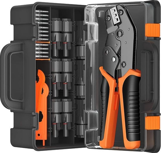 Set di attrezzi per cavi solari - Per cavi solari 2.5/4.0/6.0 mm² - Inclusi 12 paia di connettori e chiavi - Morsa cavi regolabile con impugnatura ergonomico - Impermeabile IP67 - Garanzia di qualità