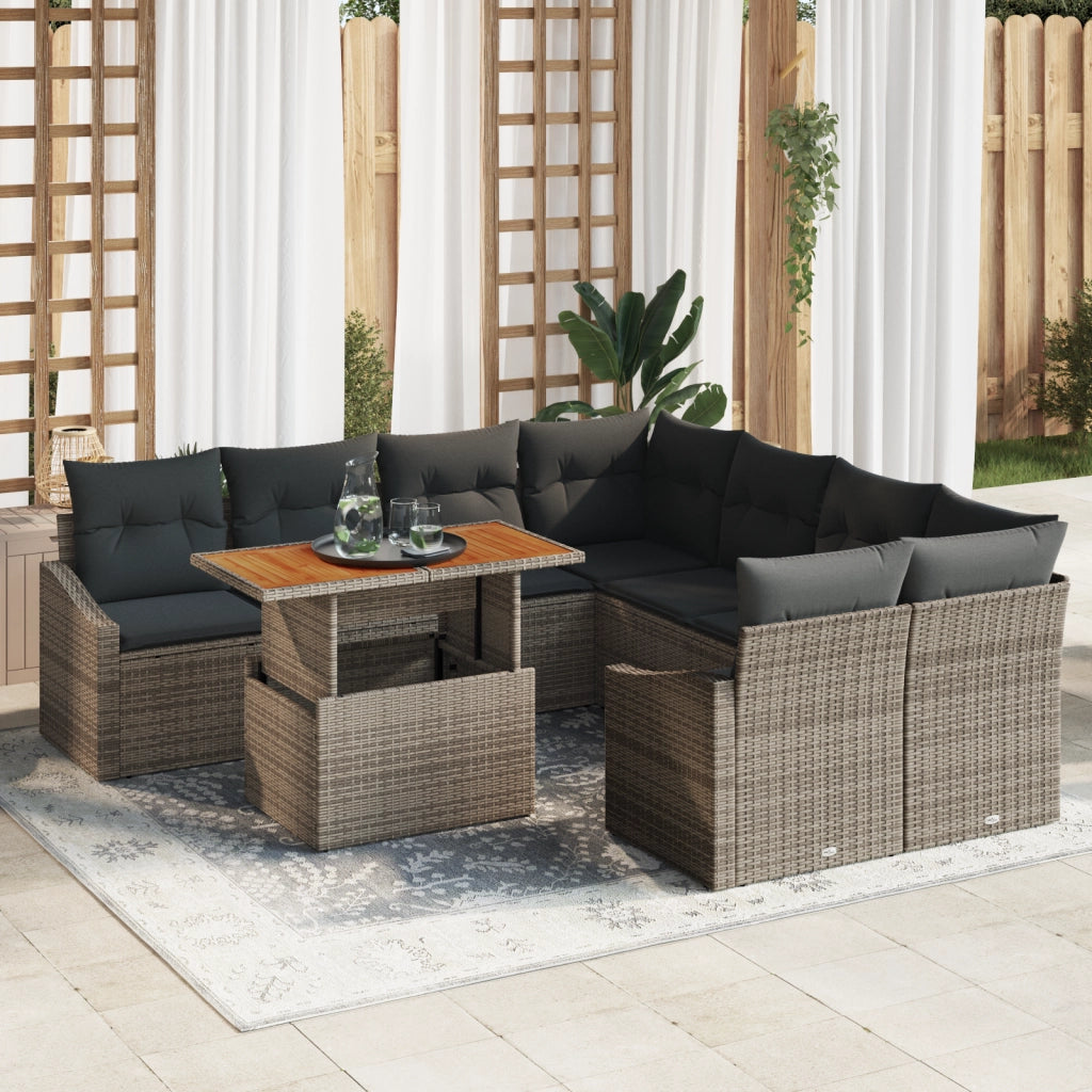 Set Divano da Giardino 9 Pezzi con Cuscini Grigi in Polyrattan