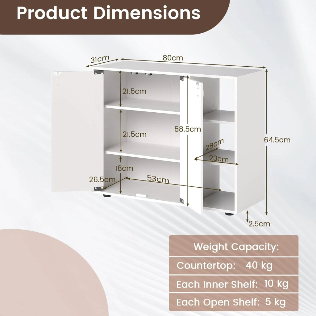 Scarpiera a 3 ripiani con 2 ante e 3 scomparti aperti con ripiani rimovibili, cassettiera per ingresso, corridoio e soggiorno, 80 x 31 x 64,5 cm (bianco)