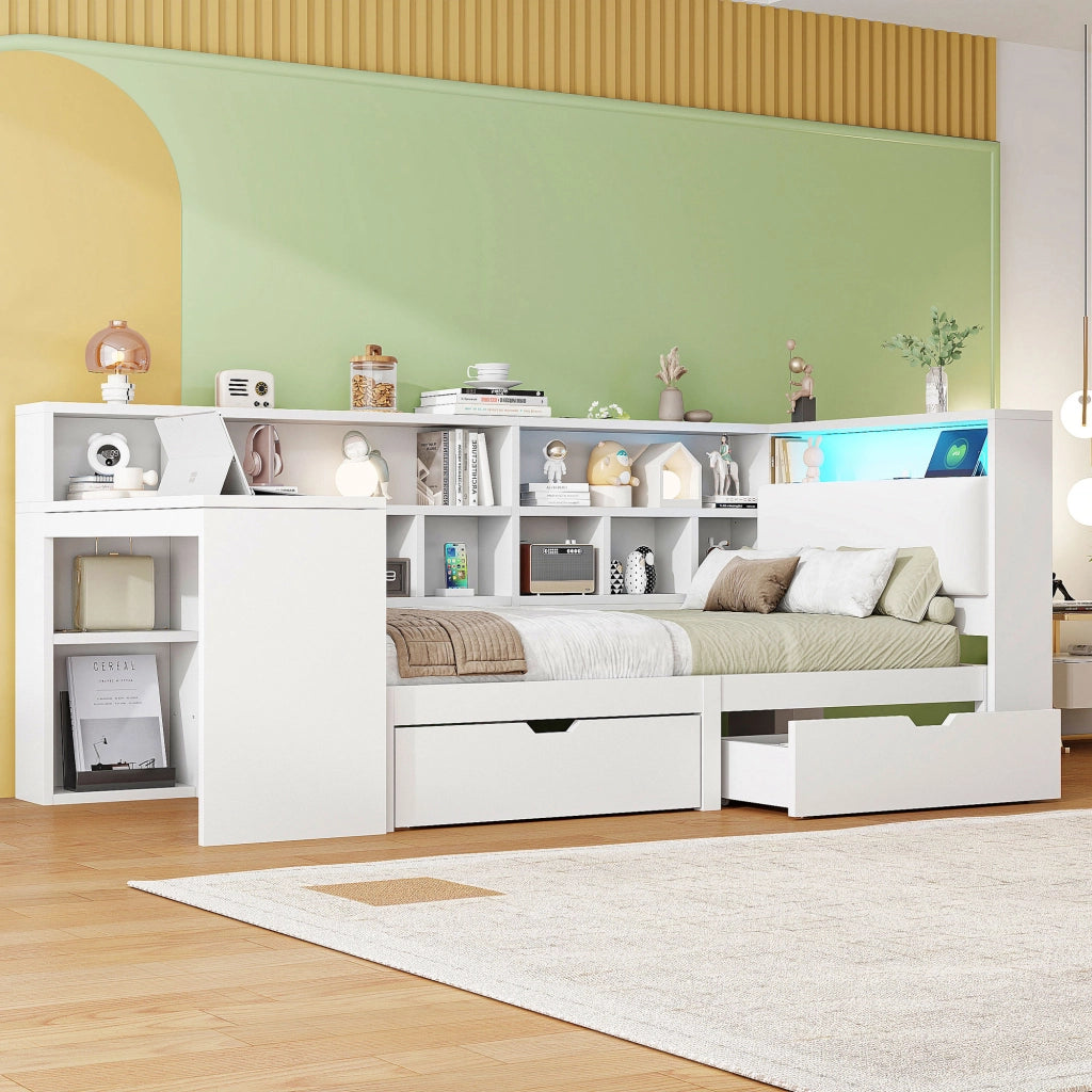 Letto a soppalco 90 × 200 cm con scrivania, libreria, cassetti, LED e USB, senza materasso, bianco
