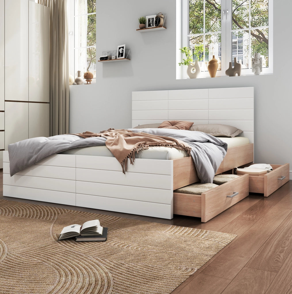 Letto matrimoniale 180x200 cm con 2 cassetti; rete a doghe; legno e MDF; bianco e rovere chiaro